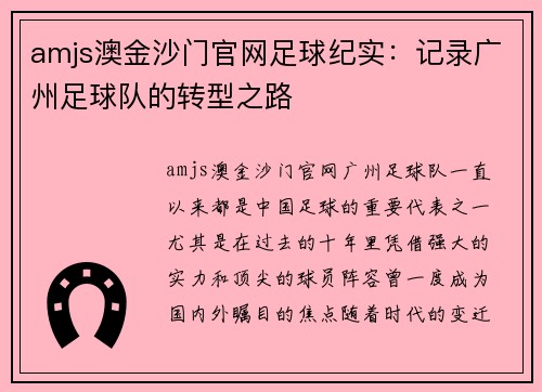 amjs澳金沙门官网足球纪实：记录广州足球队的转型之路